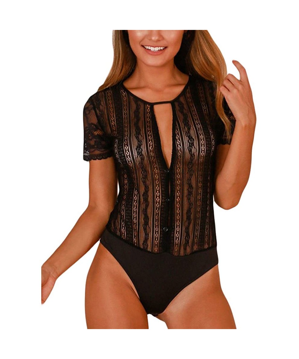 Shapewear Women Sleeveless Lace Crochet Bodysuit Lingerie Body Suit Tops - 1-black - CO18ZCX3G26