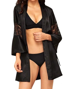 Robes Sleepwear Women Sexy Lace Nightwear Satin Short Kimono Robes Solid Color Long Sleeve Lightweight Bathrobe Soft Black - ...