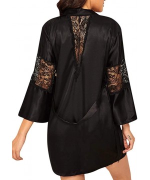 Robes Sleepwear Women Sexy Lace Nightwear Satin Short Kimono Robes Solid Color Long Sleeve Lightweight Bathrobe Soft Black - ...