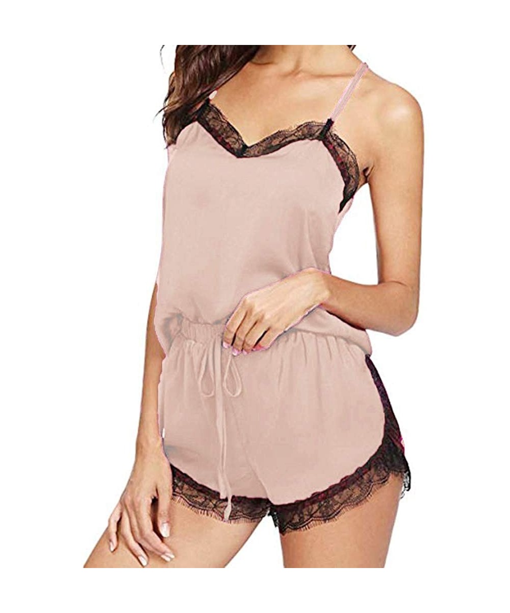 Sets Women's Pajama Cami Set Silky Lace Nightwear 2 Piece Lingerie Short Strap Top Sleepwear - C_beige - CF195470IWN