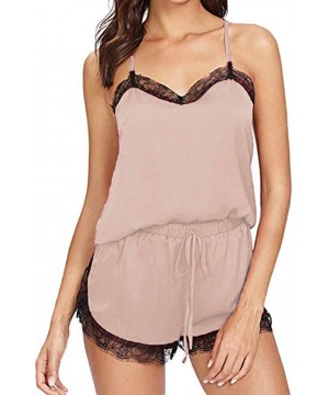 Sets Women's Pajama Cami Set Silky Lace Nightwear 2 Piece Lingerie Short Strap Top Sleepwear - C_beige - CF195470IWN