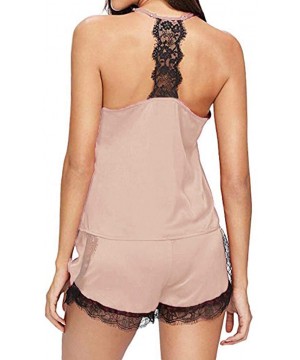 Sets Women's Pajama Cami Set Silky Lace Nightwear 2 Piece Lingerie Short Strap Top Sleepwear - C_beige - CF195470IWN