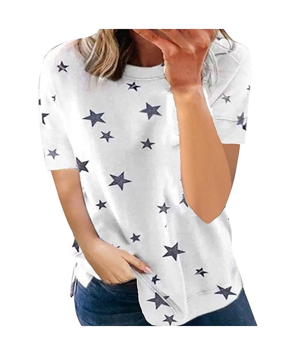 Robes Womens T Shirts Basic V Neck Tee Loose Fitting Casual Short Sleeve Tops Plus Size Star Printed Stitching Blouse White -...