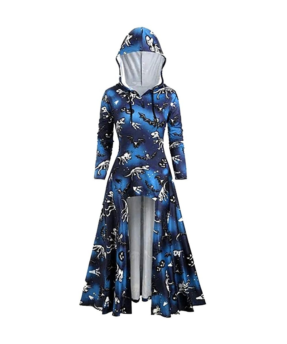 Tops Womens Fashion Hooded Blouse Plus Size Tops Vintage Cloak High Low Dress - Blue a - CT18ZTIHE4L