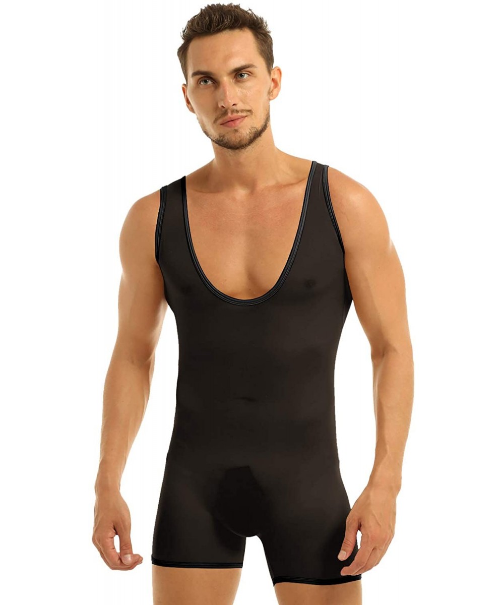 Undershirts Men's See Through Mesh Deep U-Neck Tights Lingerie Bodysuit Leotard Underwear - Black - CX19DC42UQ3