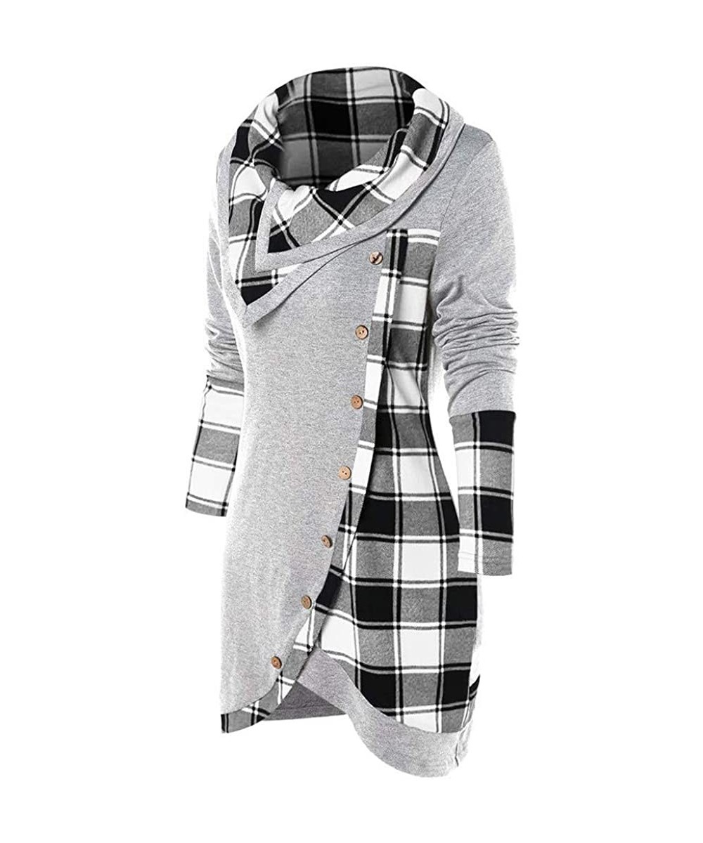 Baby Dolls & Chemises Womens Layered Cowl Neck Tunic Dress Plaid Button up Blouse Pullover Sweatshirt Tops - Gray - CB194SNWWKM