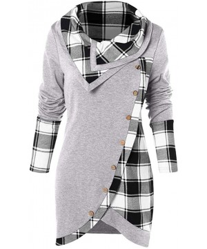 Baby Dolls & Chemises Womens Layered Cowl Neck Tunic Dress Plaid Button up Blouse Pullover Sweatshirt Tops - Gray - CB194SNWWKM