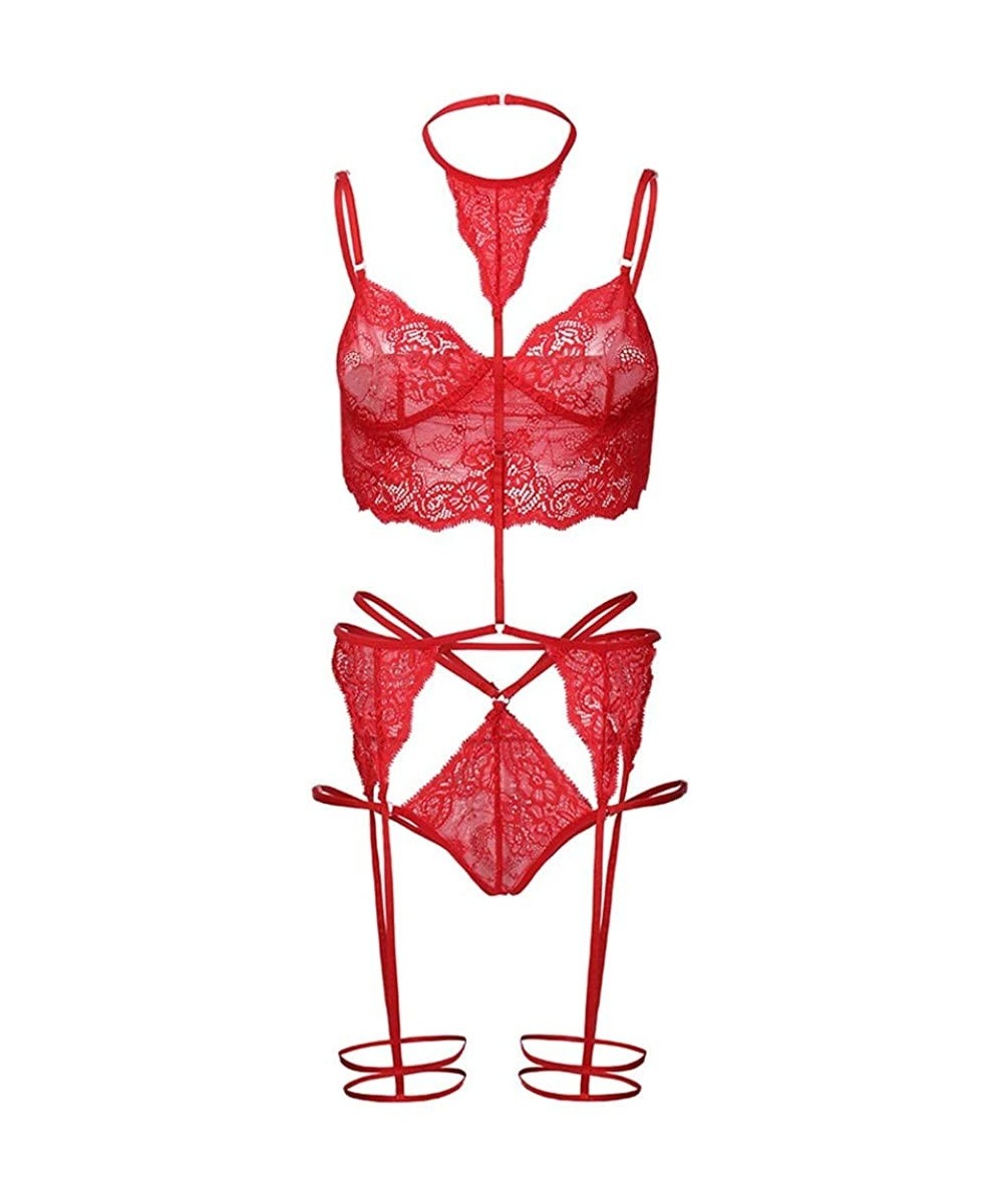 Accessories Women Sexy Lace Lingerie Set Bralette Bra Garter & G-String Set Babydoll Outfits - Red - CN1973DHTAY