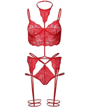 Accessories Women Sexy Lace Lingerie Set Bralette Bra Garter & G-String Set Babydoll Outfits - Red - CN1973DHTAY