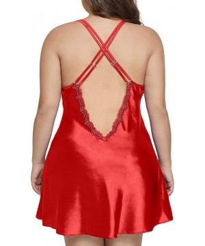 Baby Dolls & Chemises Women Plus Size Sexy Lingerie V Neck Lace Sleepwear Chemise Satin Nightgown - Red - CA18NXUZZ5I