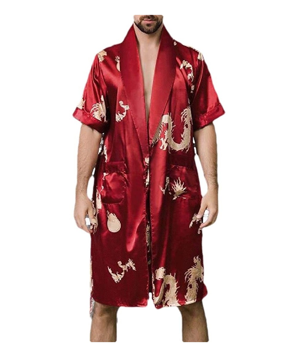 Robes Men's Fashion Summer Luxurious Long-Sleeve Kimono Soft Satin Robe with Shorts Nightgown Pajamas Printed Bathrobes - 3 -...