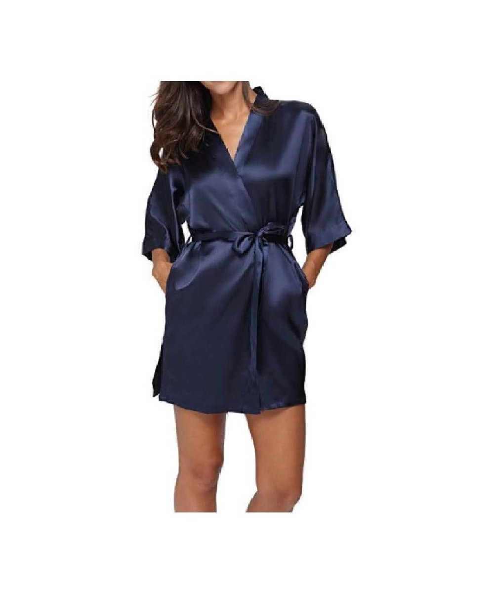 Robes Womens Bridesmaid Cardi Short Mini Charmeuse Solid Color Knit Robe Dark Blue XS - Dark Blue - CW19DCWE9ZO