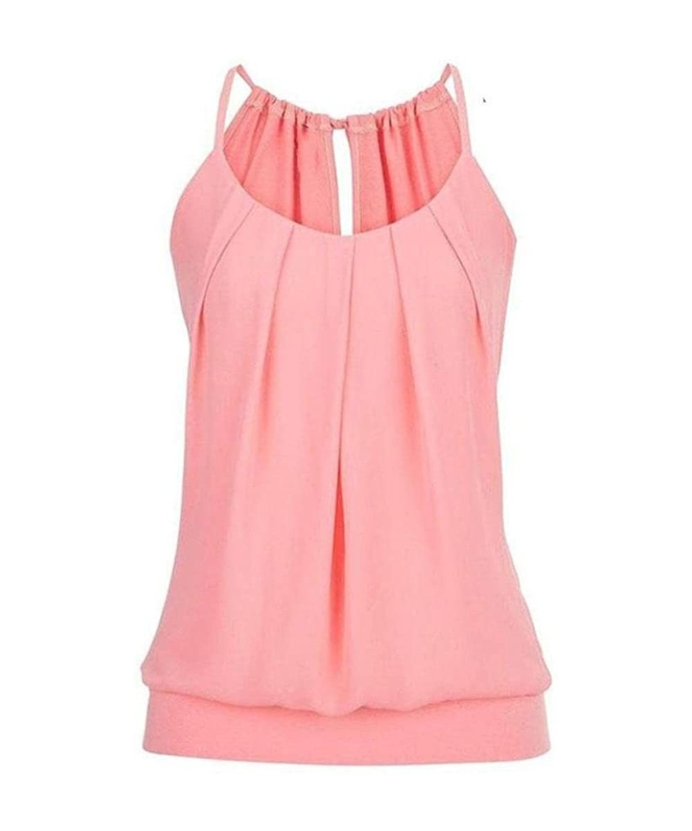 Thermal Underwear Women Summer Loose Vest Wrinkled O Neck Tank Tops Cami Blouse - Pink - CJ18EQ3X5X9