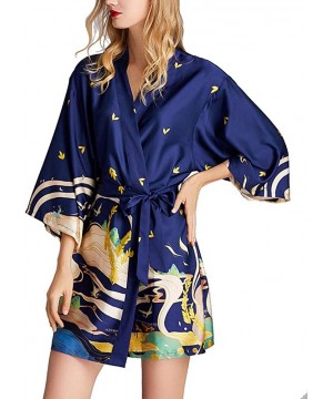 Robes Women's Silky Floral Kimono Plus Size Robes Short Bathrobe Sexy Nightwear for Bride Bridesmaids Lingerie - Blue - CP197...