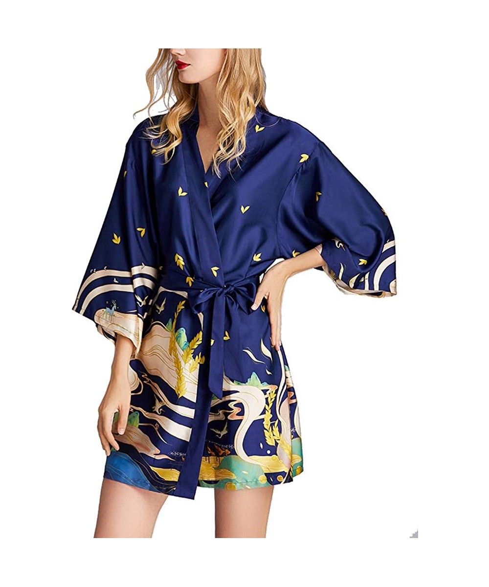 Robes Women's Silky Floral Kimono Plus Size Robes Short Bathrobe Sexy Nightwear for Bride Bridesmaids Lingerie - Blue - CP197...