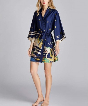 Robes Women's Silky Floral Kimono Plus Size Robes Short Bathrobe Sexy Nightwear for Bride Bridesmaids Lingerie - Blue - CP197...