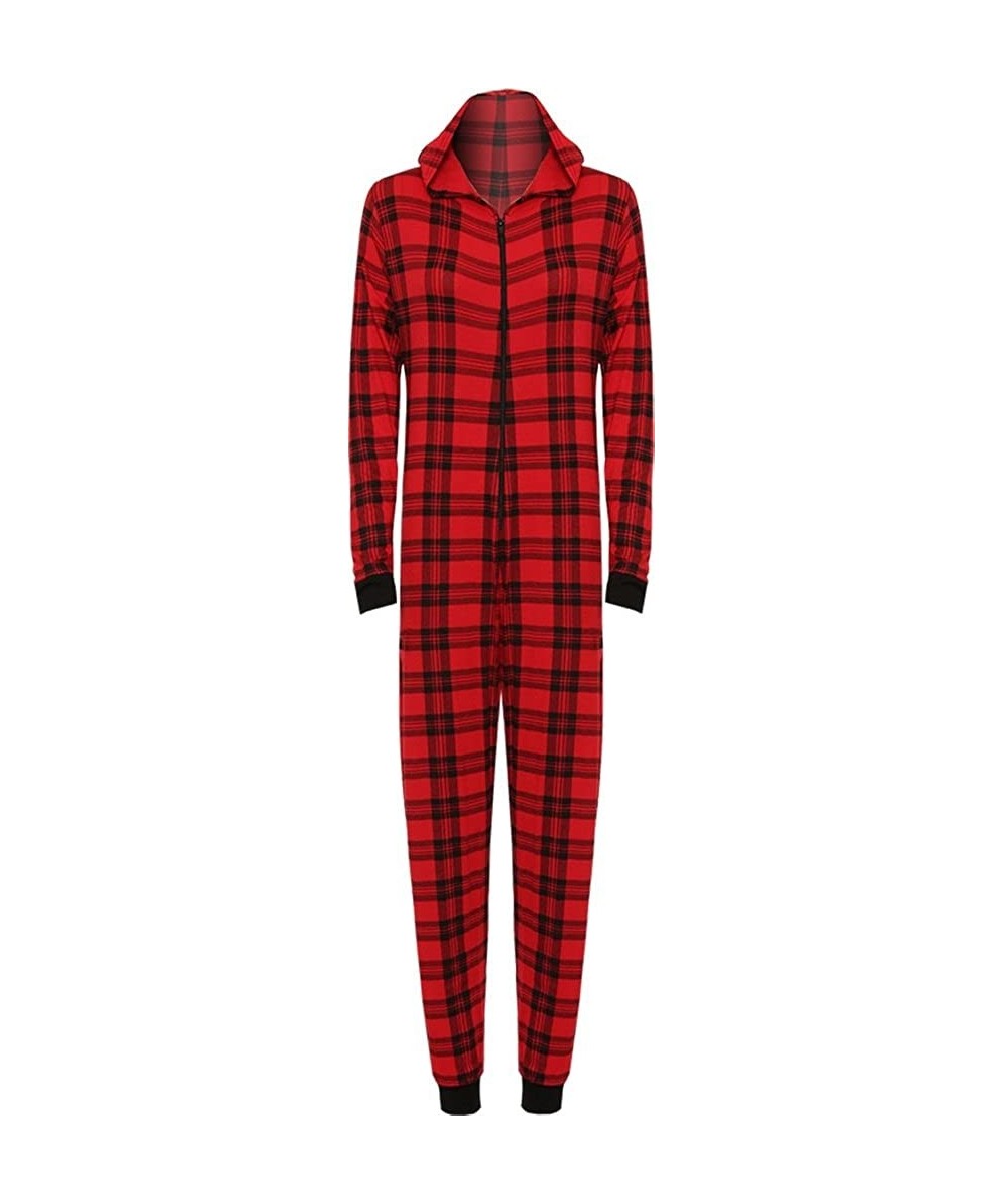 Sets WOMEN ONESIE FASHION PRINTED PLAYSUIT HOODED LADIES JUMPSUIT ROMPER - Red Tartan - CK12NV51SCX