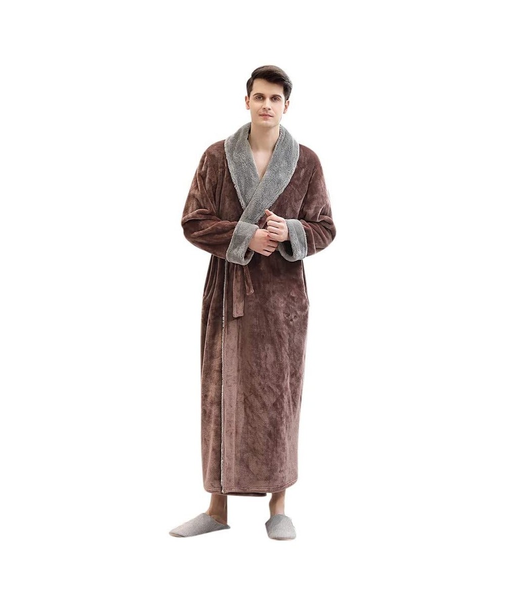 Robes Mens Flannel Long Rob Soft Warm Bathrobe Housecoat Splice Thicken Coral Fleece Robe Bathrobe Gown Pajamas Sleepwear - C...