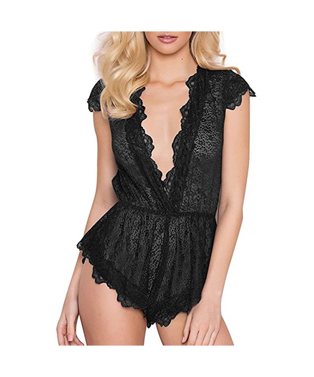 Tops Women Plus Size Lingeries Lounge Romper Lace Dream Eyelashes deep V-Neck Sexy Floral Lingeries - Black - CK18SD6LSIC