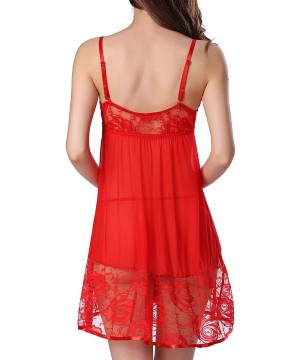 Baby Dolls & Chemises Womens V-Neck Chemise Lingerie Sleepwear Lace Babydoll Mesh Nighty Slip Dress - Red - CL198XT2Y4C