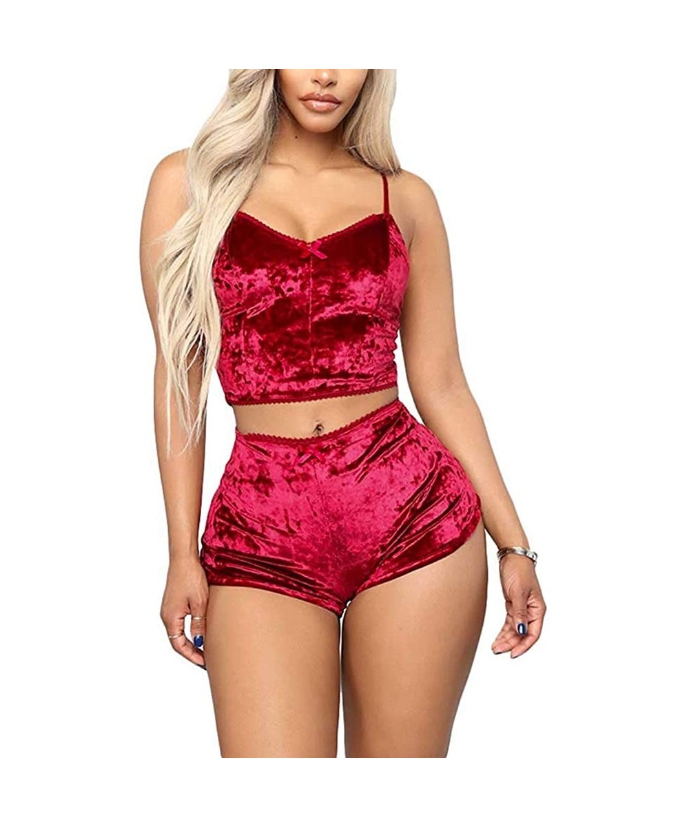 Sets Women's 2 Piece Velvet Outfits Spaghetti Strap Crop Top + Shorts Pajama Set - C Rose Red - CH19DEQI2DN