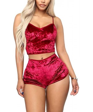 Sets Women's 2 Piece Velvet Outfits Spaghetti Strap Crop Top + Shorts Pajama Set - C Rose Red - CH19DEQI2DN