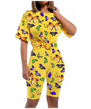 Sets Women Print Short Sleeves Casual Summer Butterfly and Shorts 2 Piece Sports Suit - Yellow - CW199I2OGEG