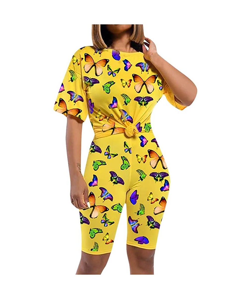 Sets Women Print Short Sleeves Casual Summer Butterfly and Shorts 2 Piece Sports Suit - Yellow - CW199I2OGEG