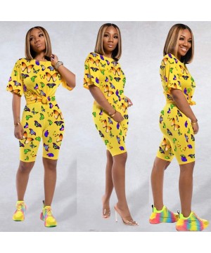 Sets Women Print Short Sleeves Casual Summer Butterfly and Shorts 2 Piece Sports Suit - Yellow - CW199I2OGEG