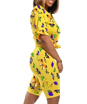 Sets Women Print Short Sleeves Casual Summer Butterfly and Shorts 2 Piece Sports Suit - Yellow - CW199I2OGEG