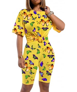 Sets Women Print Short Sleeves Casual Summer Butterfly and Shorts 2 Piece Sports Suit - Yellow - CW199I2OGEG