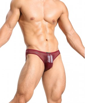 Briefs B1166 Men's Sexy Gauze mesh Underwear Briefs - Wine Red - CW17Z79M9EH