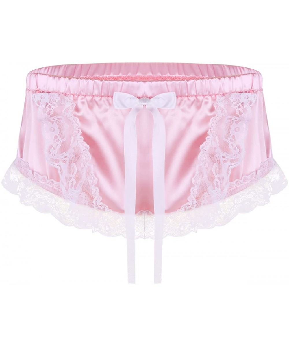 Briefs Sissy Feminine Satin Panties for Mens Ruffled and Lace Cute Bowknot Briefs Underwear - Pink - CK18GZKY8DR