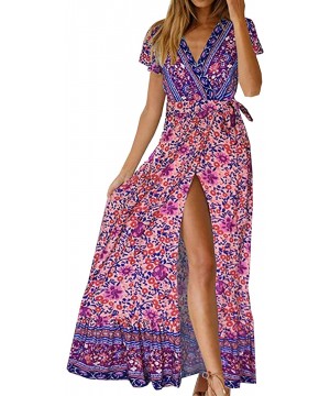 Robes Women Long Dresses Summer Bohemian Short Sleeve V Neck Floral Printed Waist Tie Wrap Boho Beach Maxi Dresses Split - Pu...