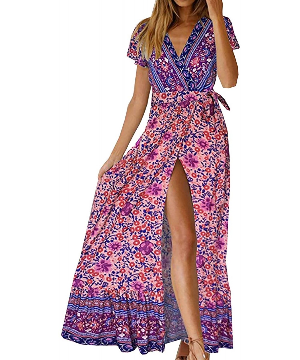 Robes Women Long Dresses Summer Bohemian Short Sleeve V Neck Floral Printed Waist Tie Wrap Boho Beach Maxi Dresses Split - Pu...