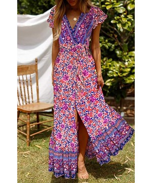 Robes Women Long Dresses Summer Bohemian Short Sleeve V Neck Floral Printed Waist Tie Wrap Boho Beach Maxi Dresses Split - Pu...