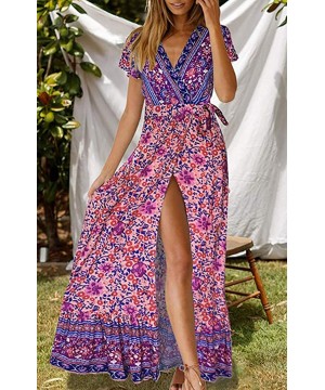 Robes Women Long Dresses Summer Bohemian Short Sleeve V Neck Floral Printed Waist Tie Wrap Boho Beach Maxi Dresses Split - Pu...