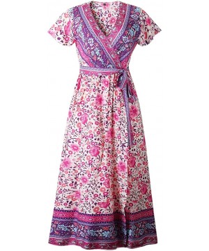 Robes Women Long Dresses Summer Bohemian Short Sleeve V Neck Floral Printed Waist Tie Wrap Boho Beach Maxi Dresses Split - Pu...