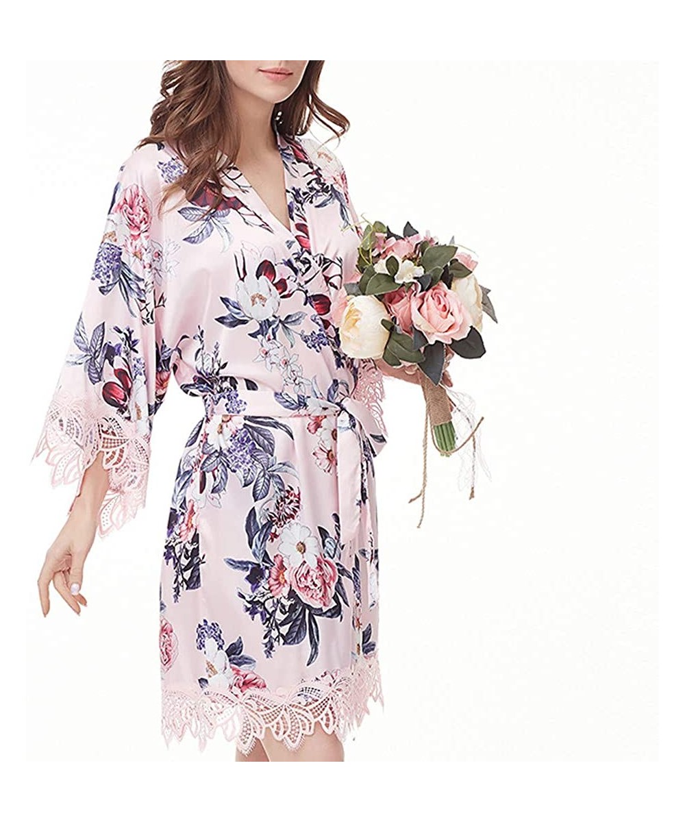 Robes Women's Silk Satin Robe Short Kimono Knee Length Printed Bathrobe Sleepwear Luxury Gift - Pink - CF194CSS0SN