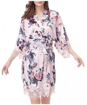 Robes Women's Silk Satin Robe Short Kimono Knee Length Printed Bathrobe Sleepwear Luxury Gift - Pink - CF194CSS0SN