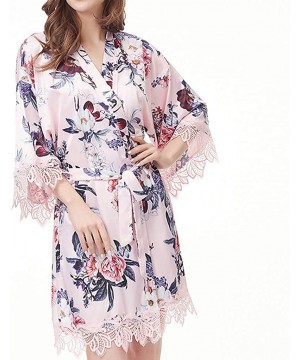 Robes Women's Silk Satin Robe Short Kimono Knee Length Printed Bathrobe Sleepwear Luxury Gift - Pink - CF194CSS0SN