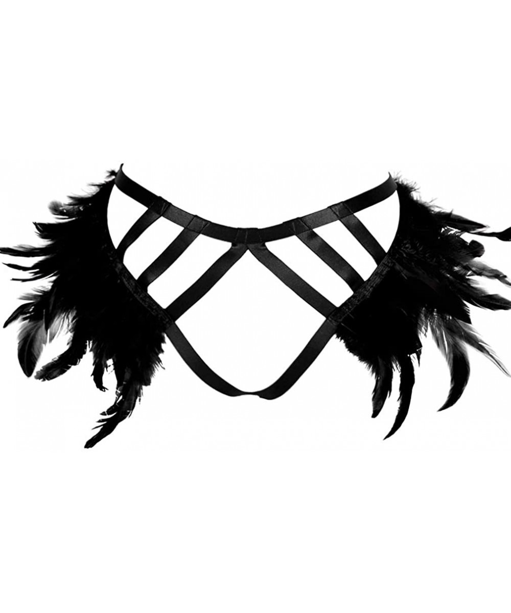 Garters & Garter Belts Women's Punk Feather Harness Frame Garter Belts Strappy Stockings Body Rave Clothing - Black - CJ1904S...