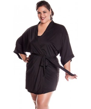 Robes Women's Plus Size Stretch Knitted Short Kimono Wrap Robe 3081X/XX - Black - CW189QUAKND