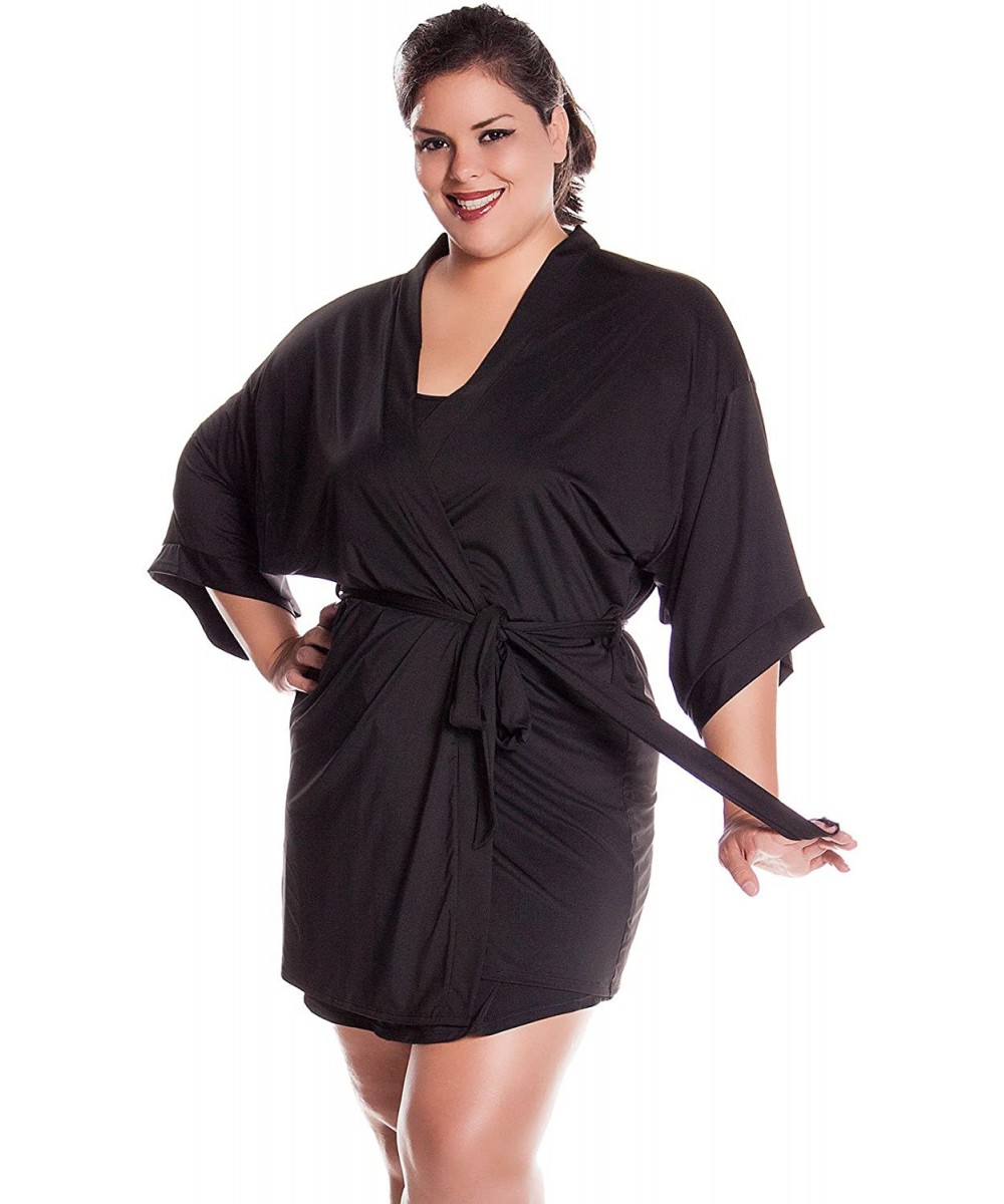 Robes Women's Plus Size Stretch Knitted Short Kimono Wrap Robe 3081X/XX - Black - CW189QUAKND