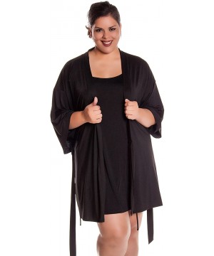 Robes Women's Plus Size Stretch Knitted Short Kimono Wrap Robe 3081X/XX - Black - CW189QUAKND