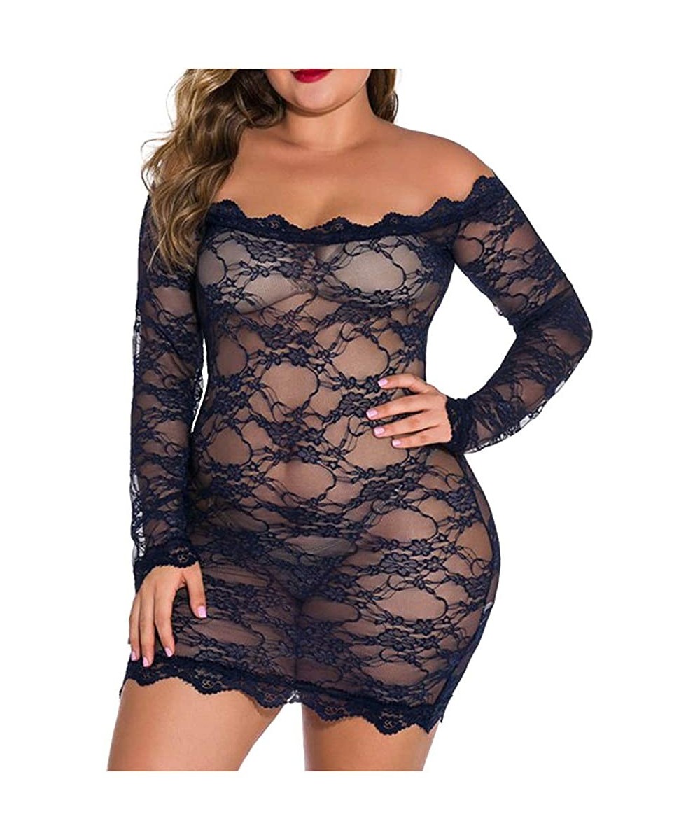 Baby Dolls & Chemises Womens Plus Size Sexy Lingerie Chemise Floral Lace Babydoll See Through Bodysuit Lingerie - Navy - C219...