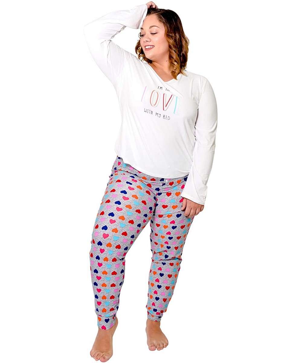 Sets Women Plus Size Pajamas Set 2 Piece Top and Bottom Super Soft 1X 3X Lounge Sleepwear Nightgown PJs 1X 3X White W/Hearts ...