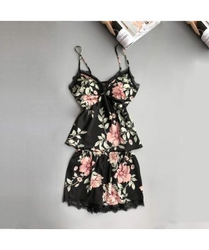 Sets Women's Flowers Print Pajama Sets Sexy Wireless Rimless Lace Nightdress Silk Underwear Sleepwear - Black3pcs - CK19467YR07