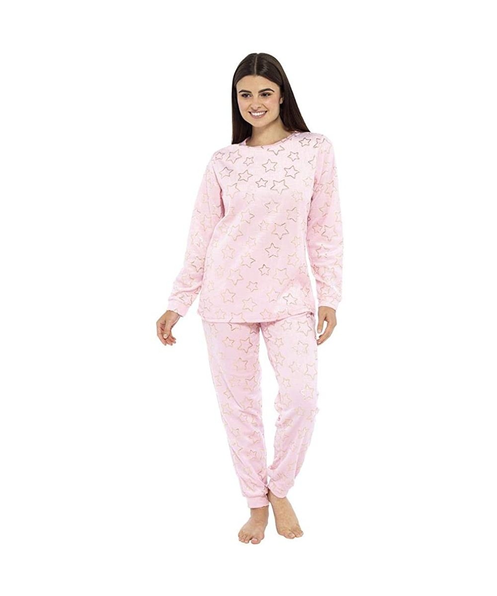 Sets Ladies Winter Fleece Fluffy Warm Cosy Soft Twosie Pajama Nightwear Set Various Designs UK 8-22 - Star Foil - Pink - CB18...