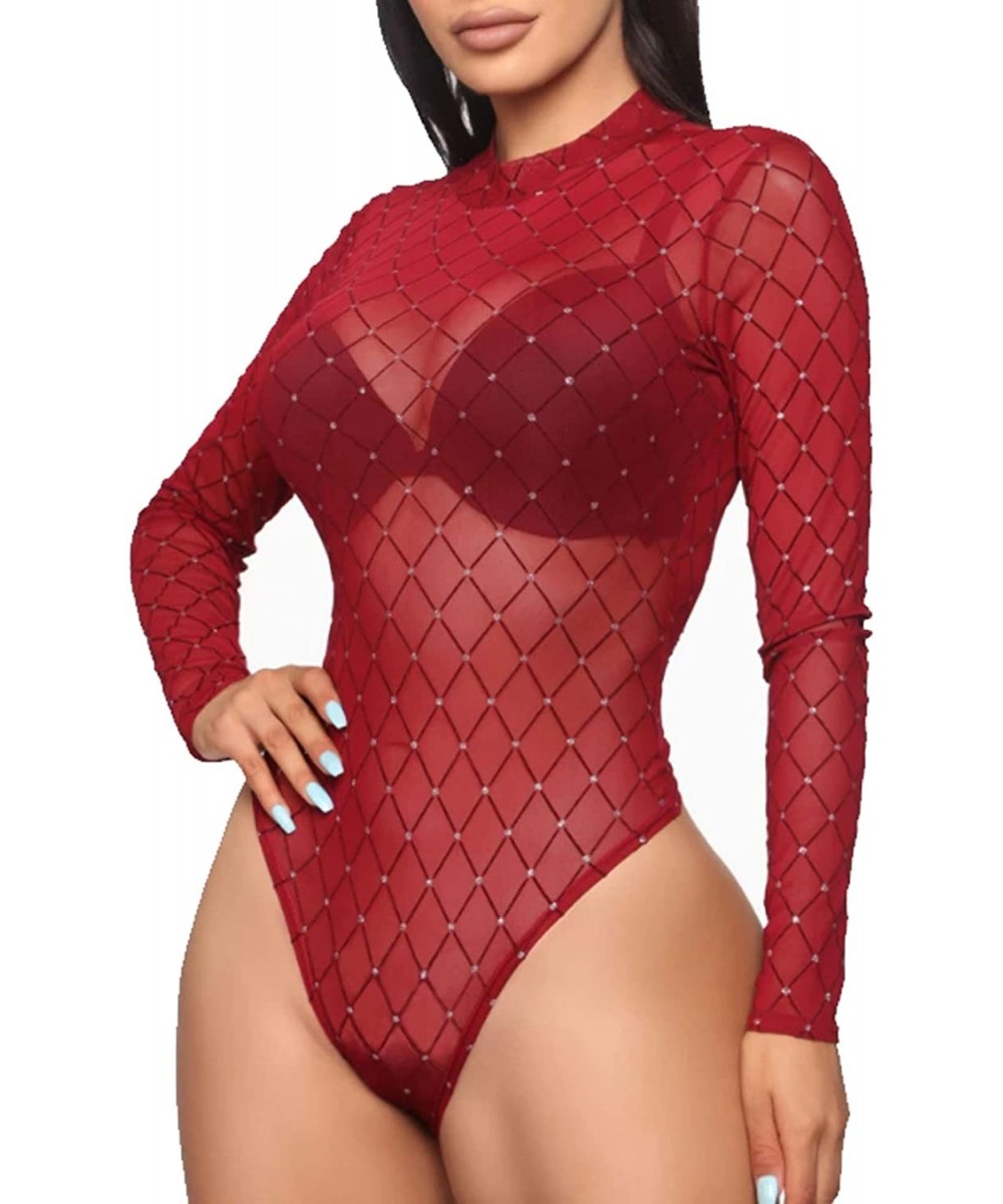 Shapewear Sexy Women Long Sleeve Jumpsuit Lace Bodysuit Stretch Leotard Top Blouse Tshirt - L-red - CZ19272QLN8